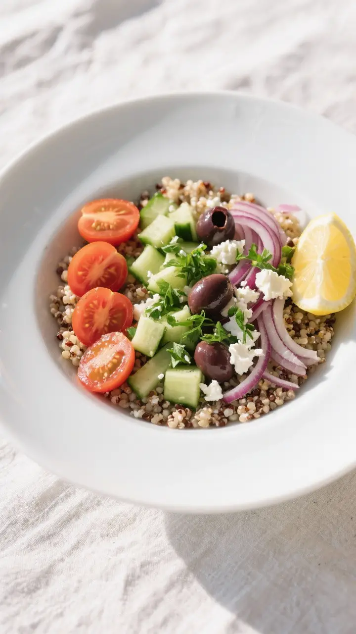 Tasty top view: Overhead shot of a Mediterranean quinoa bowl assembled but undressed—fluffy quinoa