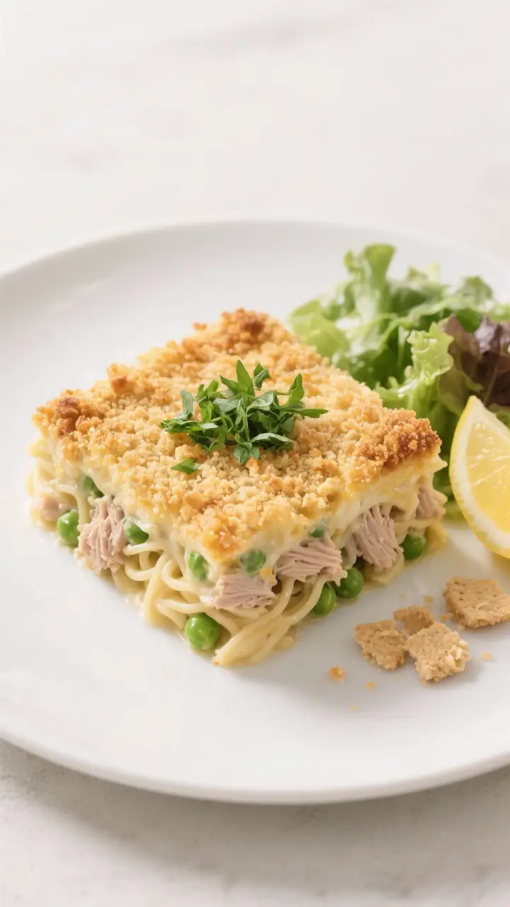 Tasty top view: Overhead shot of a neatly served square of tuna noodle casserole on a matte white pl