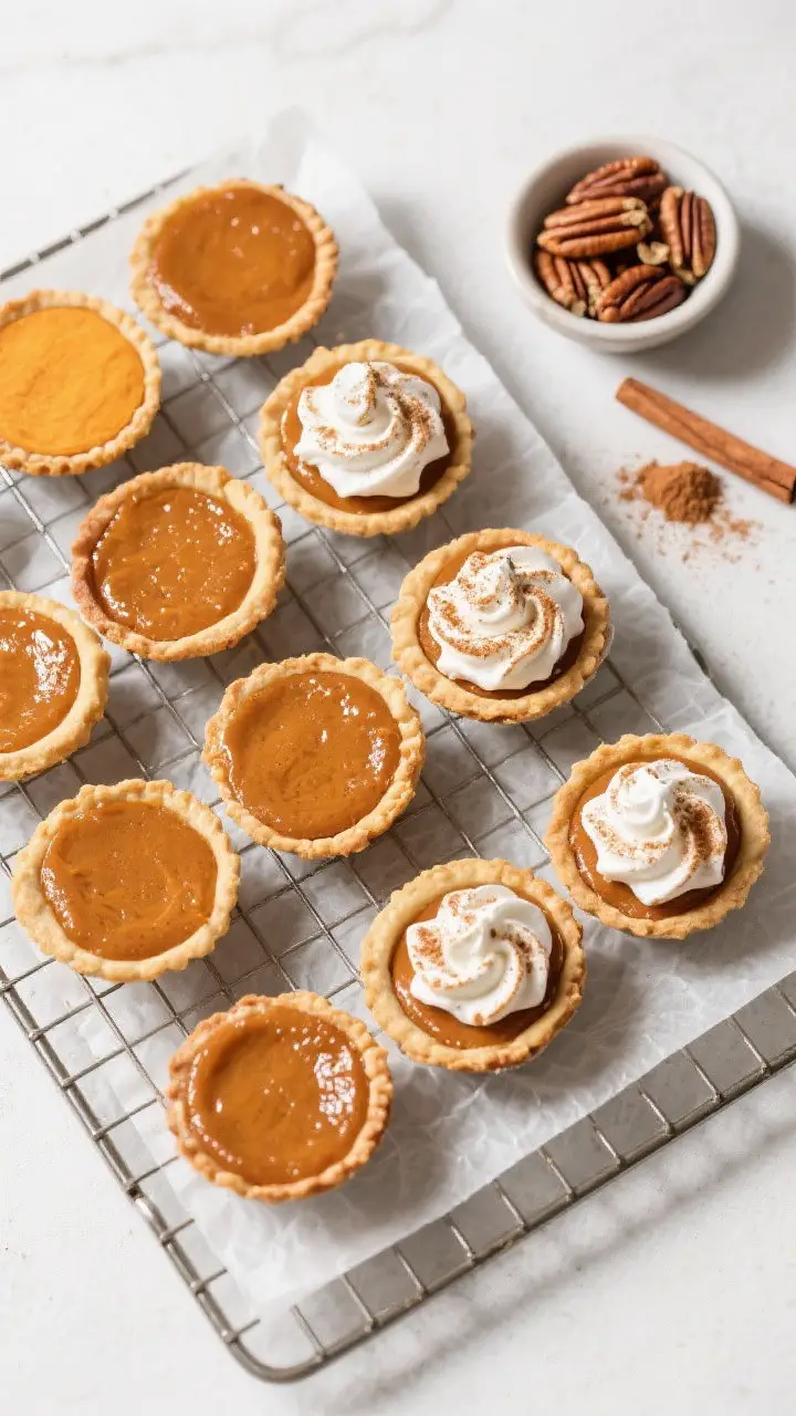 Tasty top view: Overhead shot of a parchment-lined cooling rack filled with 12 mini sweet potato pie