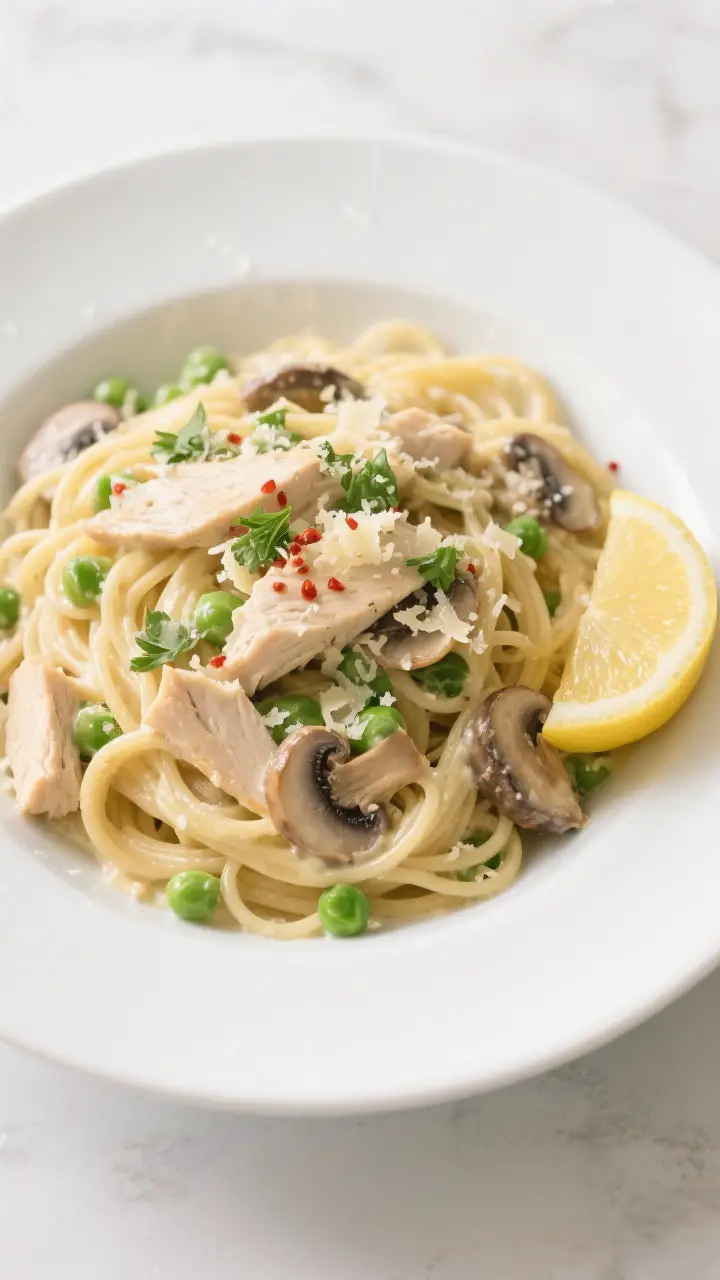 Tasty top view: Overhead shot of a plated serving of Chicken Tetrazzini twirled on a white shallow b