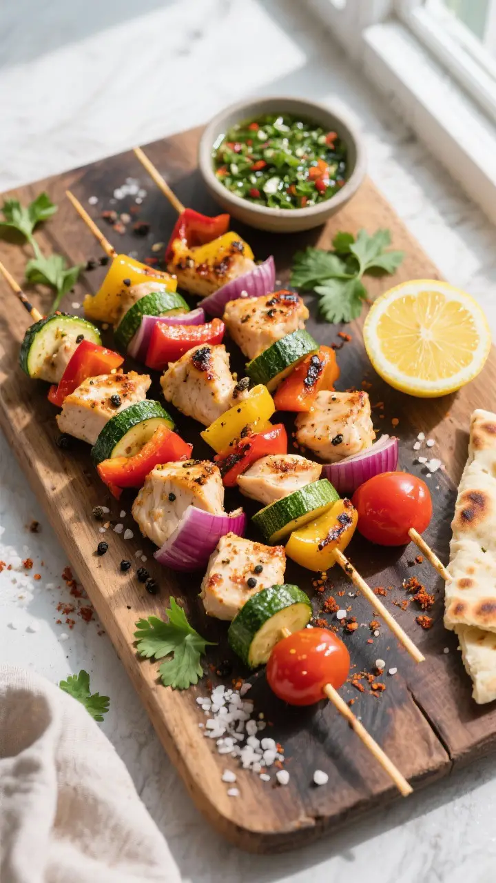 Tasty top view: Overhead shot of a platter of finished skewers on a rustic board, alternating chicke