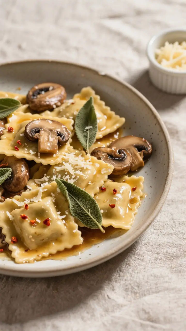 Tasty top view: Overhead shot of a shallow bowl filled with mushroom ravioli tossed in nutty brown b