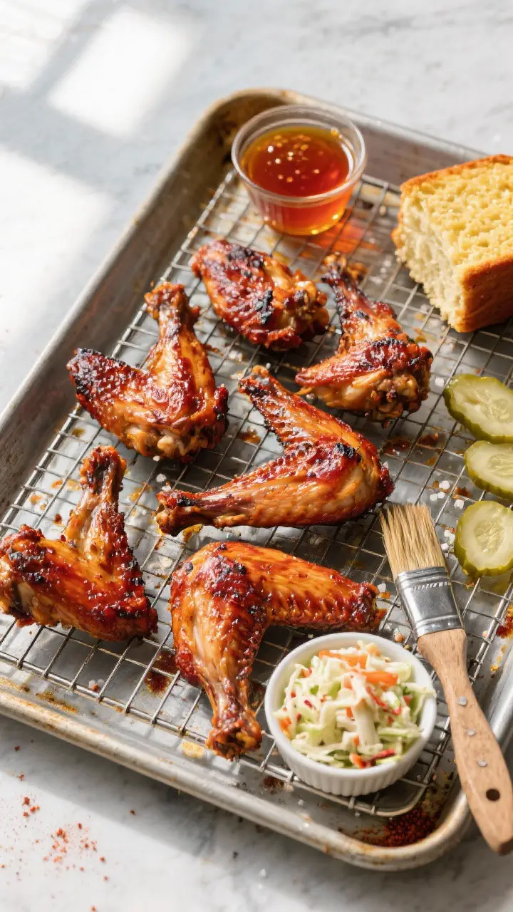 Tasty top view: Overhead shot of a sheet pan lined with a wire rack holding freshly smoked turkey wi