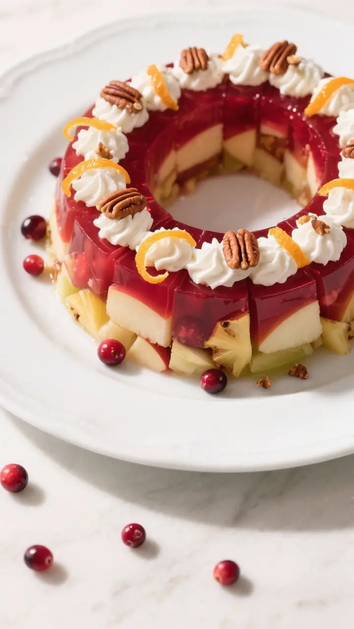 Tasty top view: Overhead shot of a sliceable layered Cranberry Jello Salad unmolded from a ring mold
