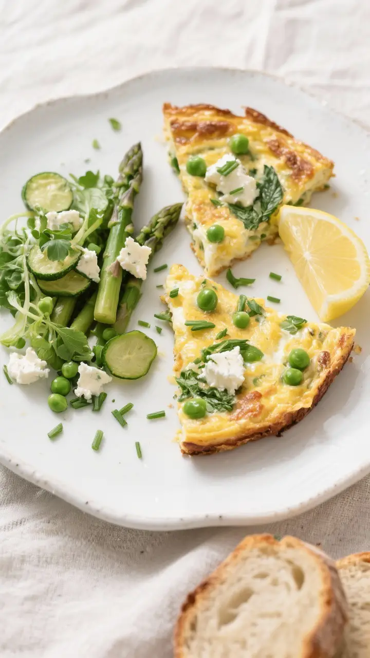 Tasty top view: Overhead shot of a sliced spring vegetable frittata plated for brunch—two wedge sl