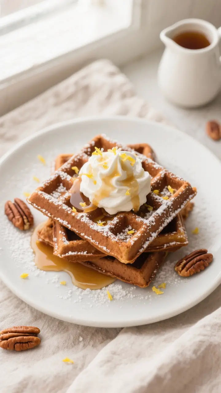 Tasty top view: Overhead shot of a stack of gingerbread waffles on a matte white plate, deep caramel