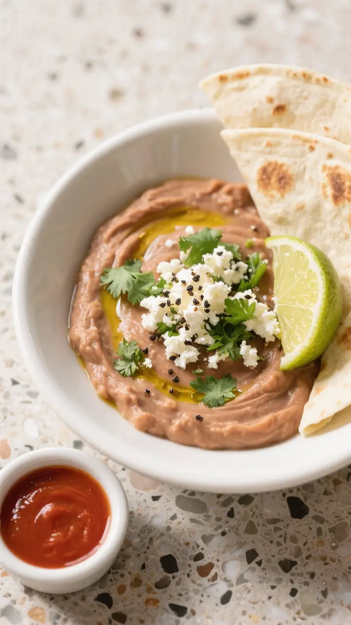 Tasty top view: Overhead shot of a warm bowl of finished refried beans with a drizzle of olive oil,