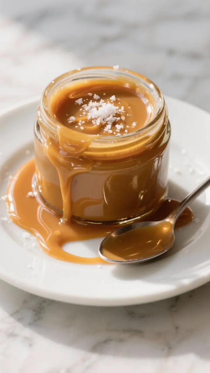 Tasty top view: Overhead shot of a warm jar of salted caramel with a slow, thick drizzle pooling ont