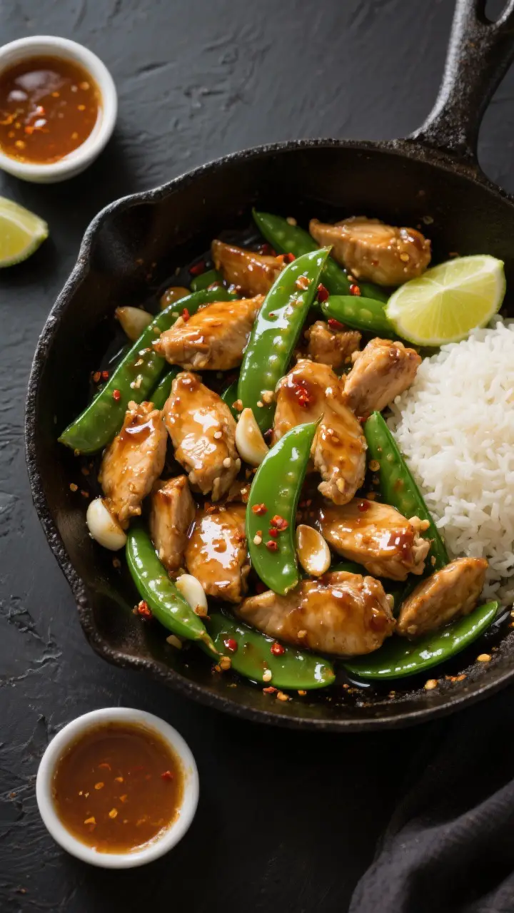 Tasty top view: Overhead shot of a weeknight-friendly skillet of finished honey garlic chicken and s