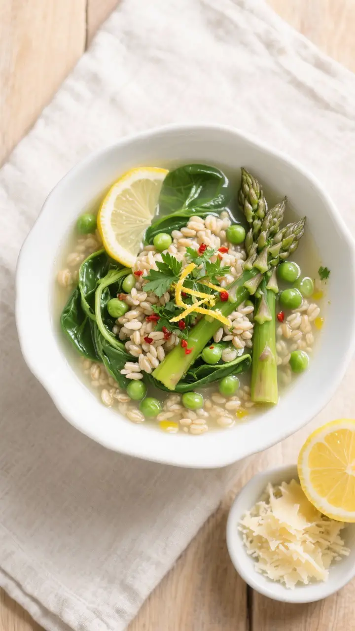 Tasty top view: Overhead shot of a wide, shallow white bowl filled with Spring Vegetable Barley Soup