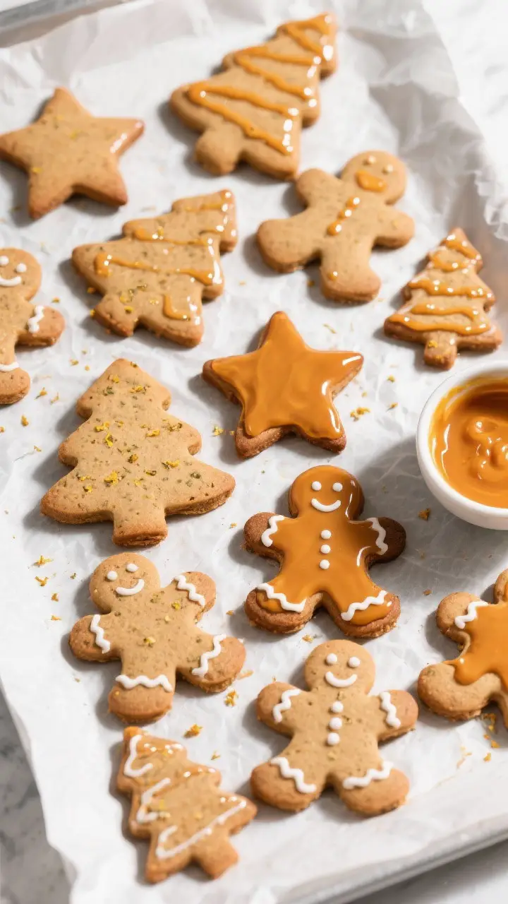 Tasty top view: overhead shot of an assortment of glazed gingerbread shapes (stars, trees, classic g