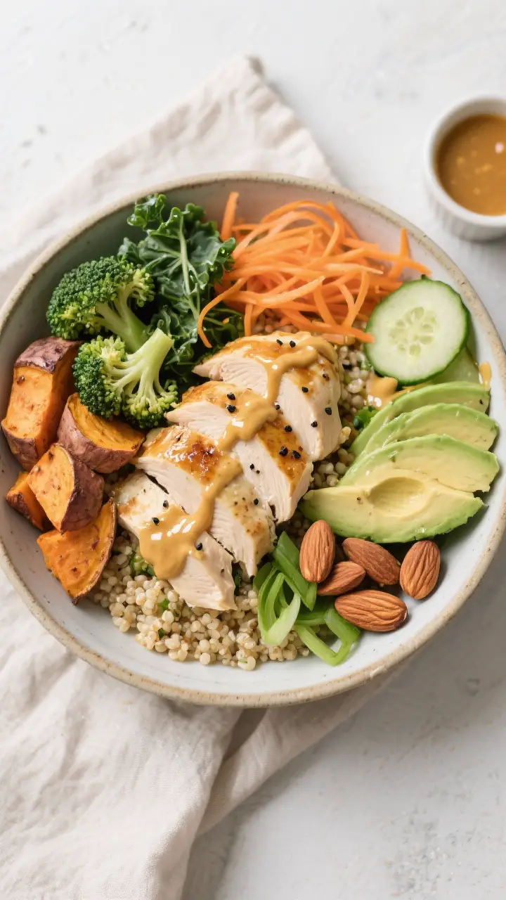 Tasty top view: Overhead shot of assembled Honey Mustard Chicken Bowl—warm quinoa base, sliced jui