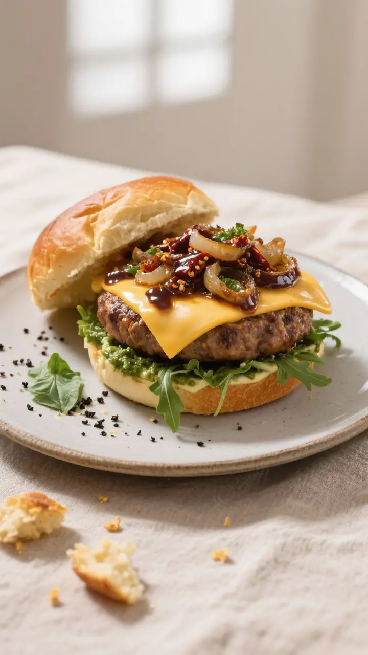 Tasty top view: Overhead shot of assembled Italian Sausage Burger on a lightly toasted brioche bun, 