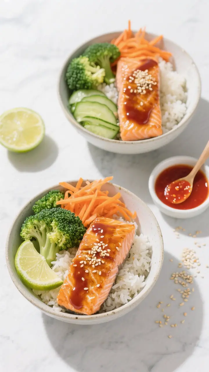 Tasty top view: Overhead shot of assembled salmon bowls for two, showing even glaze drizzles over th