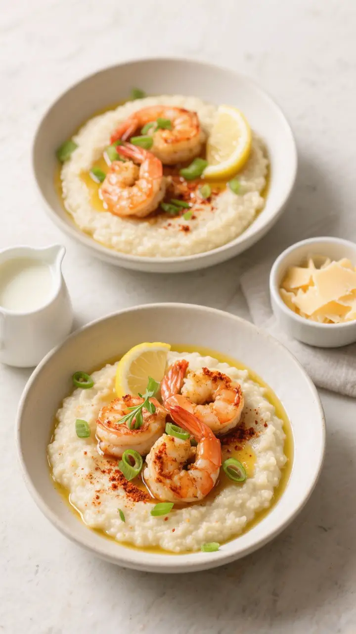 Tasty top view: Overhead shot of assembled shrimp and grits for the table—two shallow bowls of sil