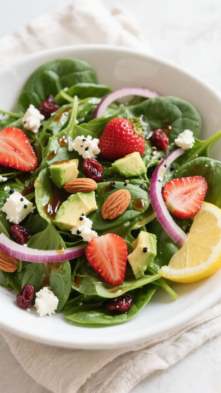 Tasty top view: Overhead shot of assembled spinach salad in a wide white ceramic bowl—baby spinach