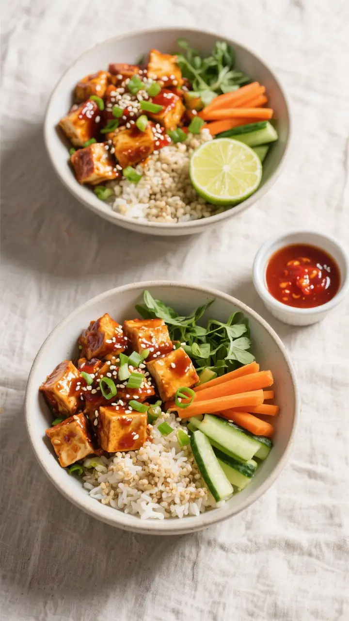 Tasty top view: Overhead shot of assembled Sweet Chili Tofu Bowls for two on a light linen, showing 