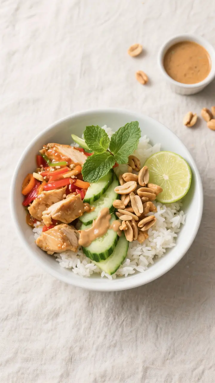 Tasty top view: Overhead shot of assembled Thai Peanut Chicken Bowl over fluffy jasmine rice; neatly