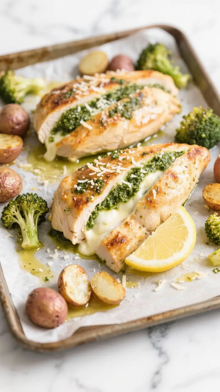 Tasty top view: Overhead shot of baked pesto stuffed chicken breasts on a parchment-lined sheet pan,