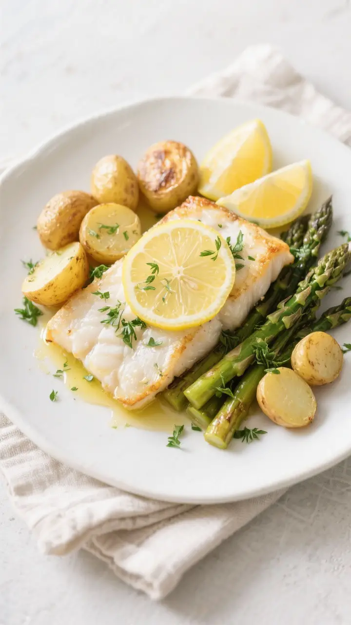 Tasty top view: Overhead shot of beautifully plated baked halibut with lemon butter on a white ceram