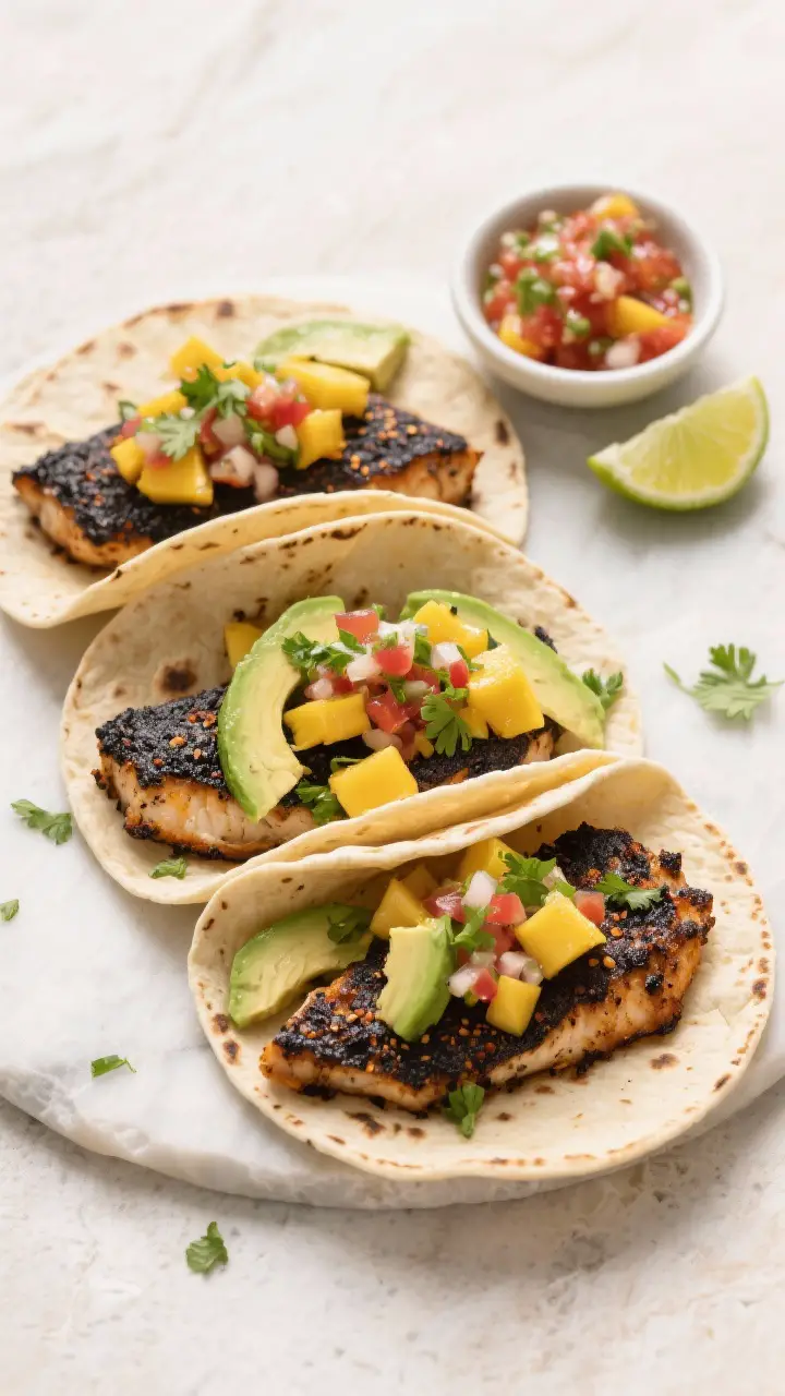 Tasty top view: Overhead shot of blackened tilapia tacos assembled on warm tortillas—flakes of spi
