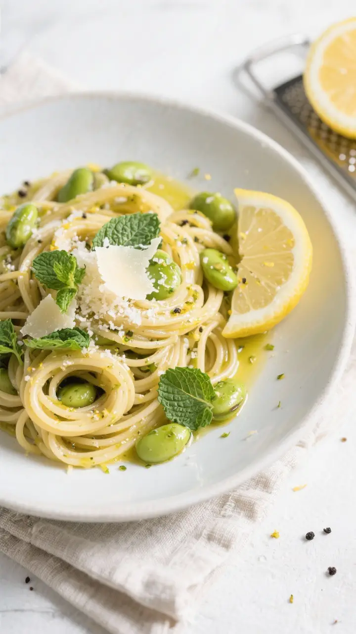 Tasty top view: Overhead shot of bucatini with fresh fava beans twirled into loose nests in a wide,