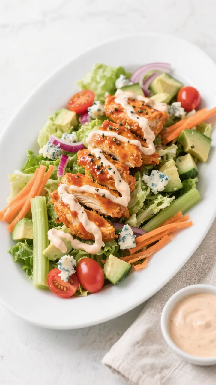 Tasty top view: Overhead shot of Buffalo Chicken Salad on a wide, white platter—crisp chopped roma