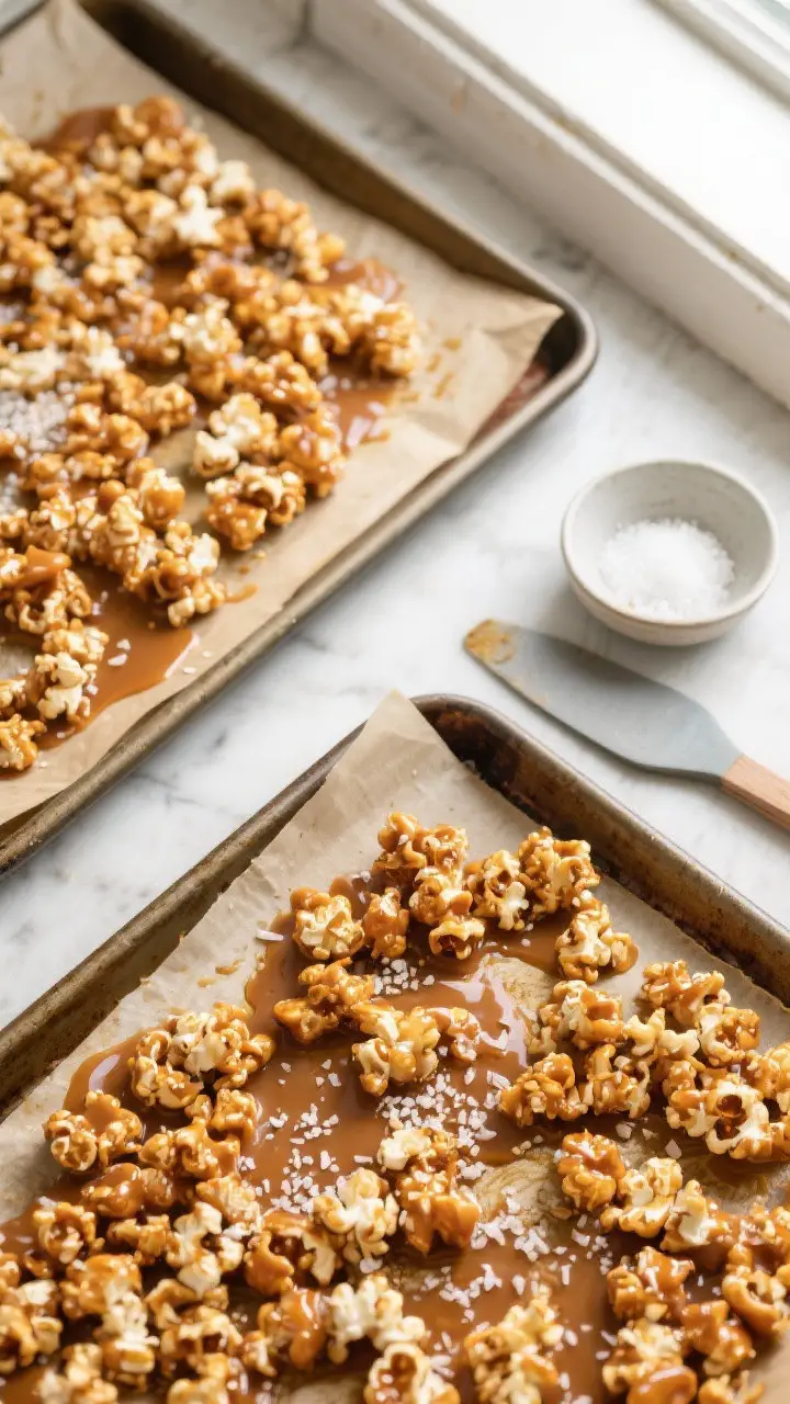 Tasty top view: Overhead shot of caramel corn mid-bake on two parchment-lined baking sheets at 250°