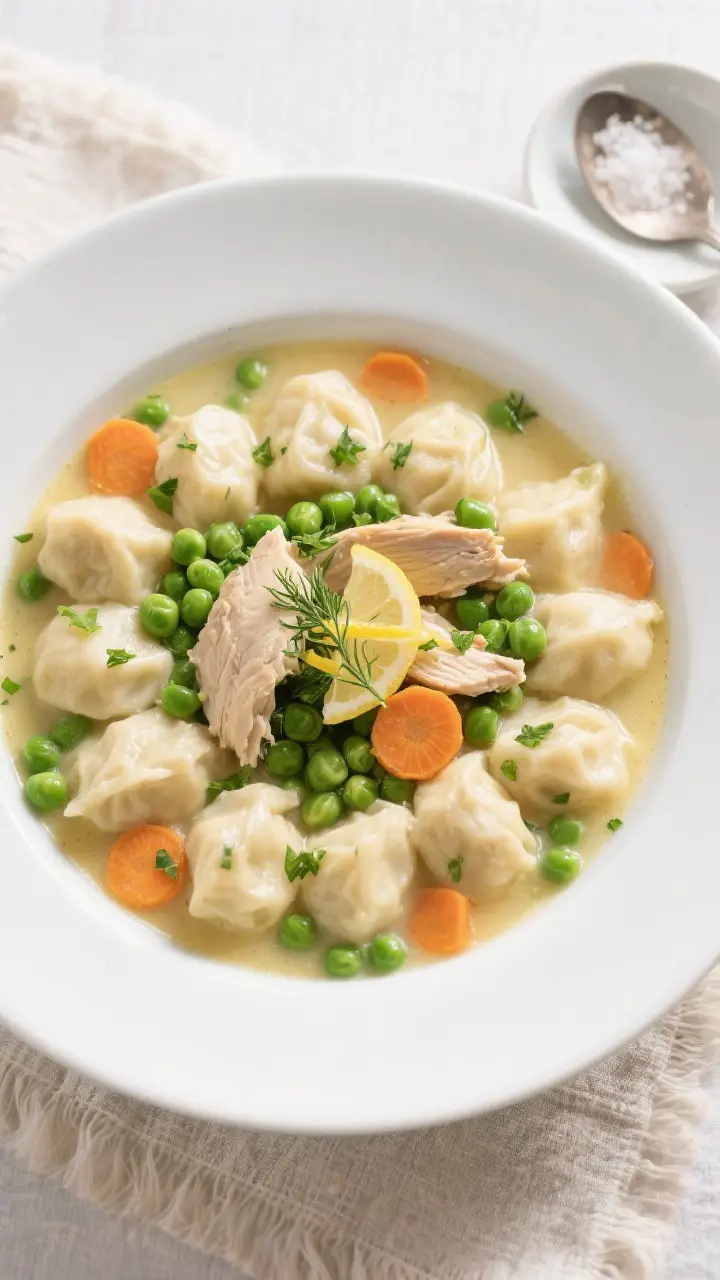 Tasty top view: Overhead shot of Chicken and Dumplings with Spring Peas ladled into a wide, shallow 