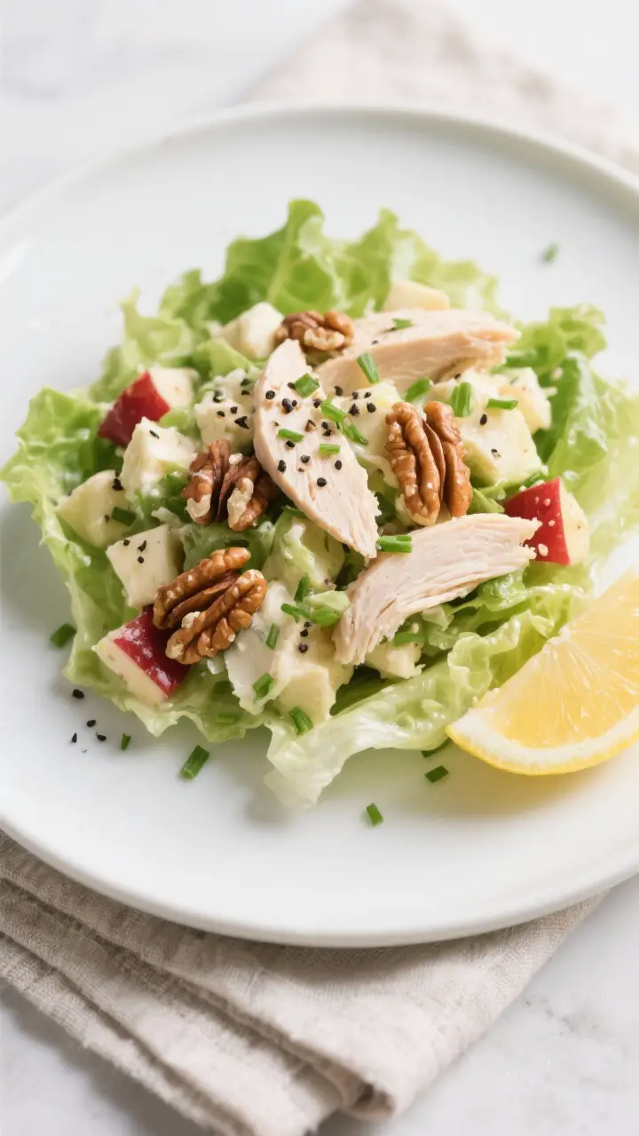 Tasty top view: Overhead shot of Chicken Waldorf Salad generously piled on crisp butter lettuce leav