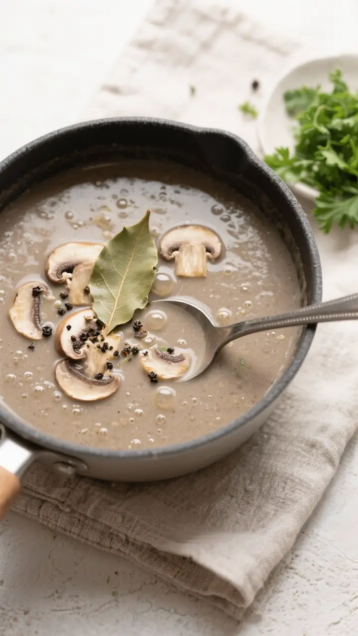 Tasty top view: Overhead shot of creamy mushroom soup mid-simmer after partial blending—silky taup