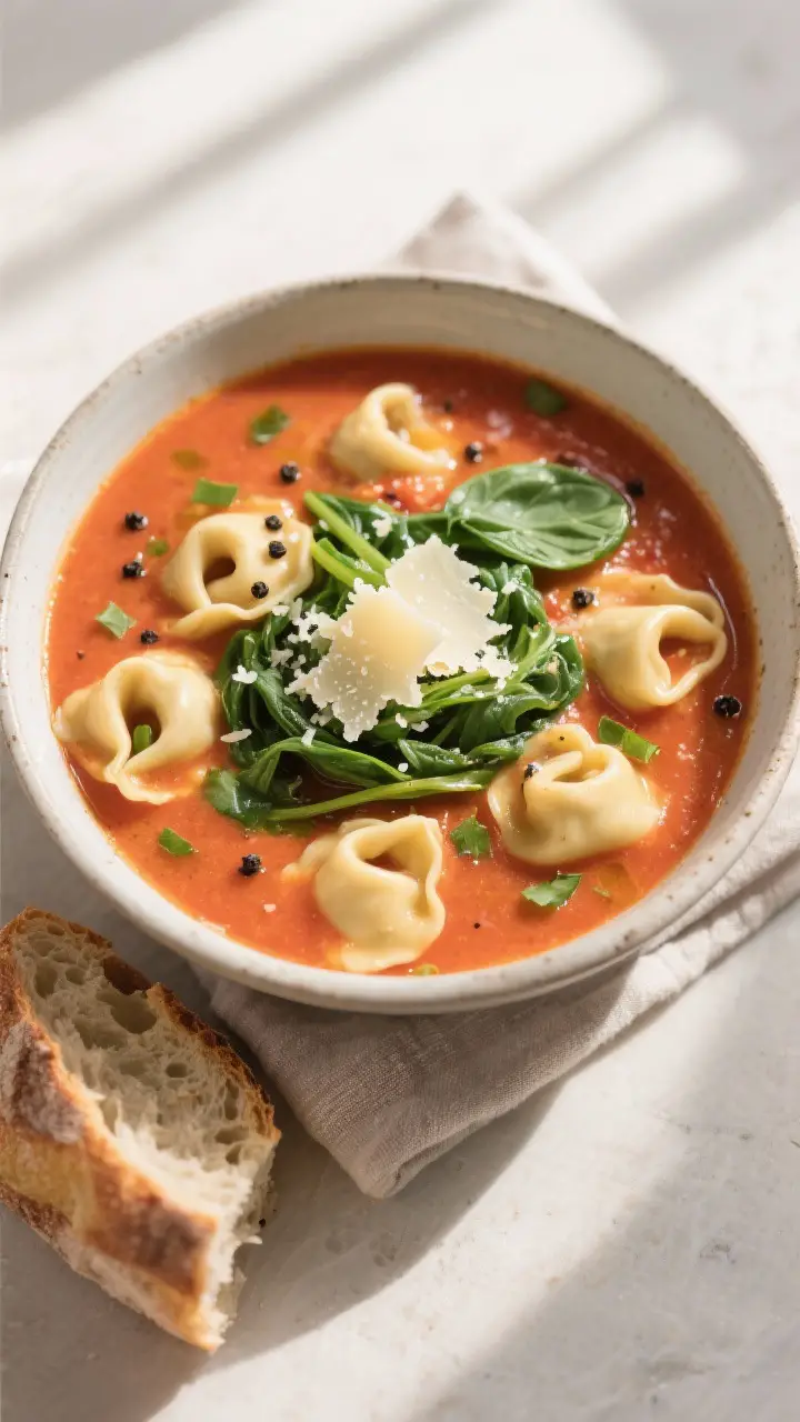 Tasty top view: Overhead shot of Creamy Tomato Tortellini Soup ladled into a wide bowl, showing plum