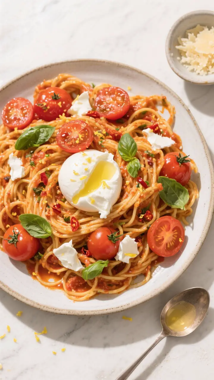 Tasty top view: Overhead shot of family-style serving of tomato-basil pasta on a large ceramic platt