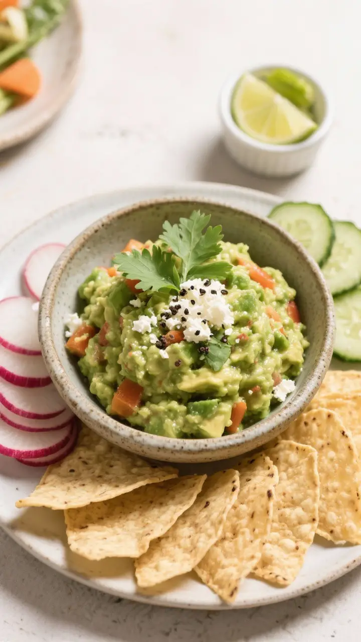Tasty top view: Overhead shot of final plated Garden Veggie Guacamole styled for serving—mounded i