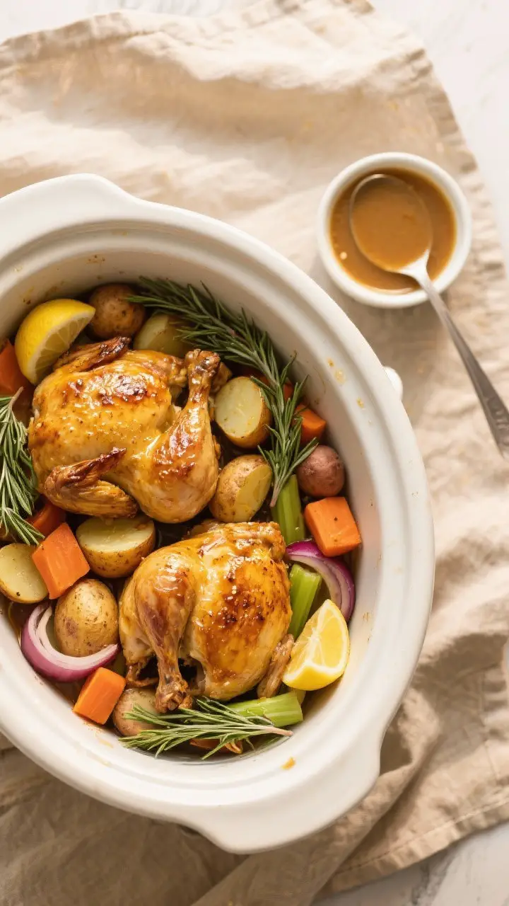 Tasty top view: Overhead shot of finished Cornish hens served family-style in the slow cooker insert