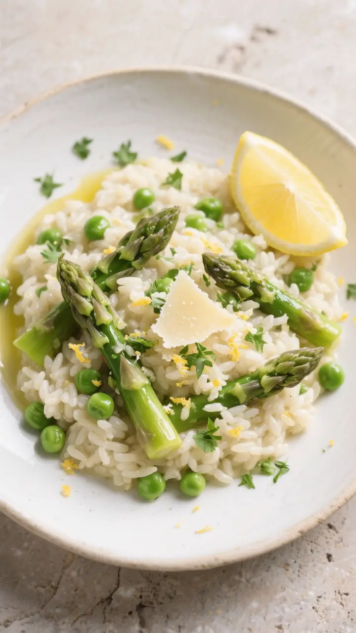 Tasty top view: Overhead shot of finished Spring Vegetable Risotto showing distinct, glossy rice gra
