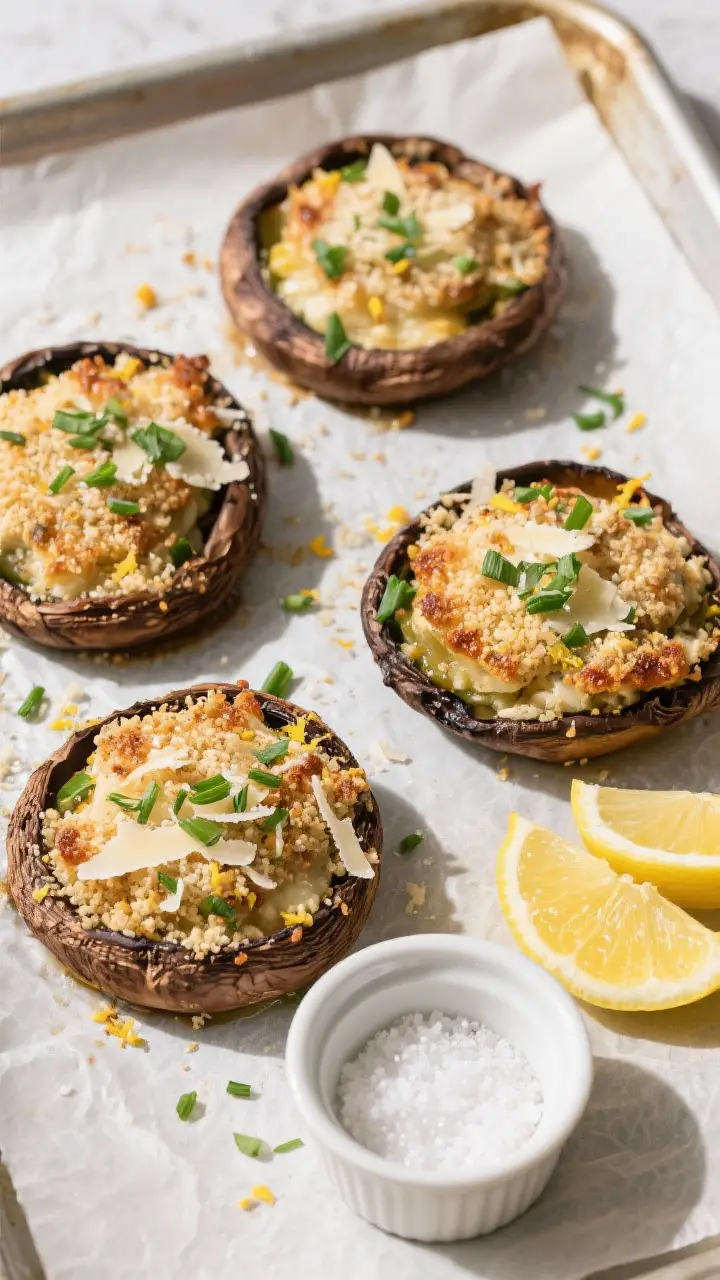 Tasty top view: Overhead shot of four stuffed portobello caps on a parchment-lined sheet pan after f