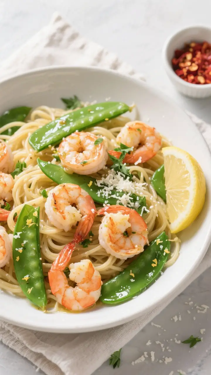 Tasty top view: Overhead shot of garlic butter shrimp with angel hair and snap peas tossed glossy in