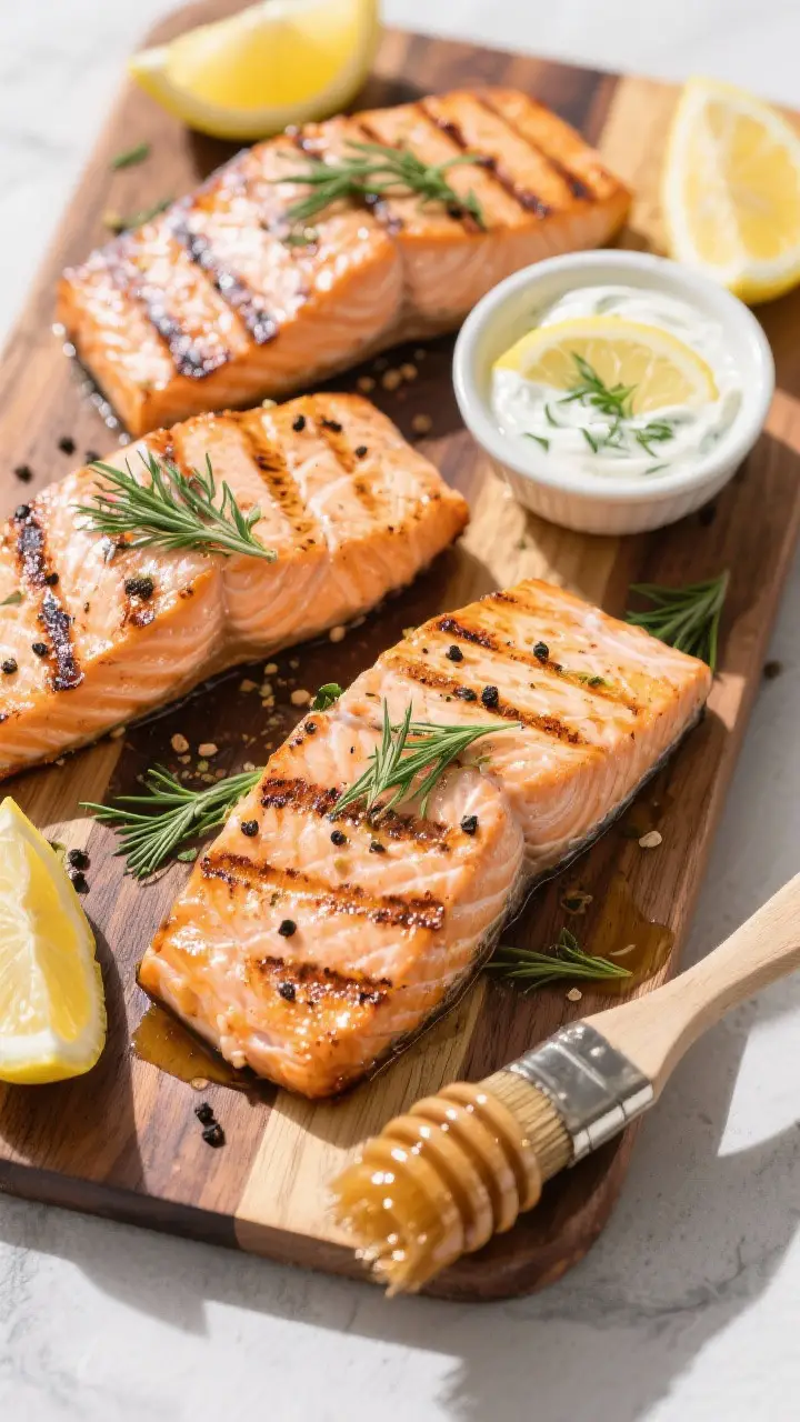 Tasty top view: Overhead shot of grilled salmon fillets arranged on a wooden board, showcasing even 