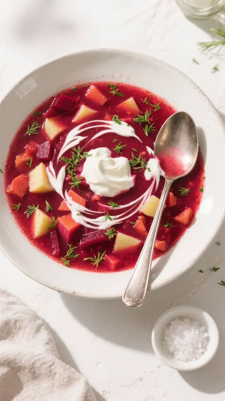 Tasty top view: Overhead shot of hearty everyday barszcz in a wide, shallow bowl; rich beet-red soup