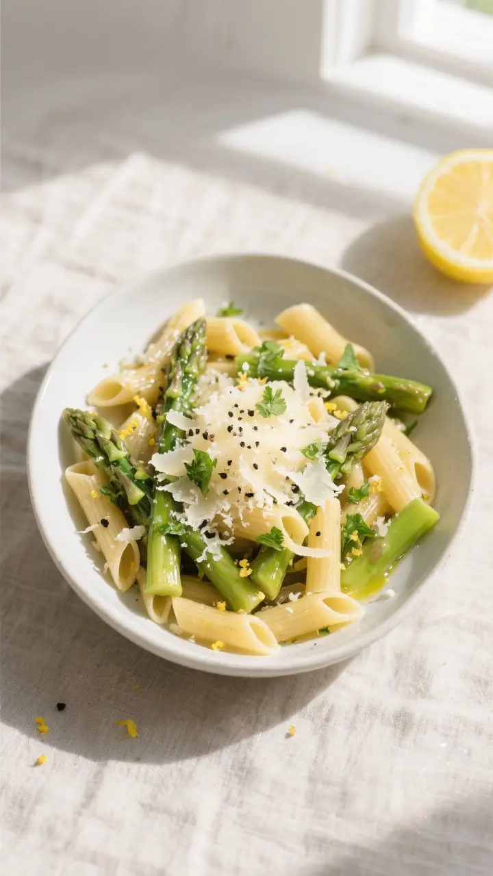 Tasty top view: Overhead shot of Lemon Asparagus Penne with Parmesan in a wide, matte-white shallow 