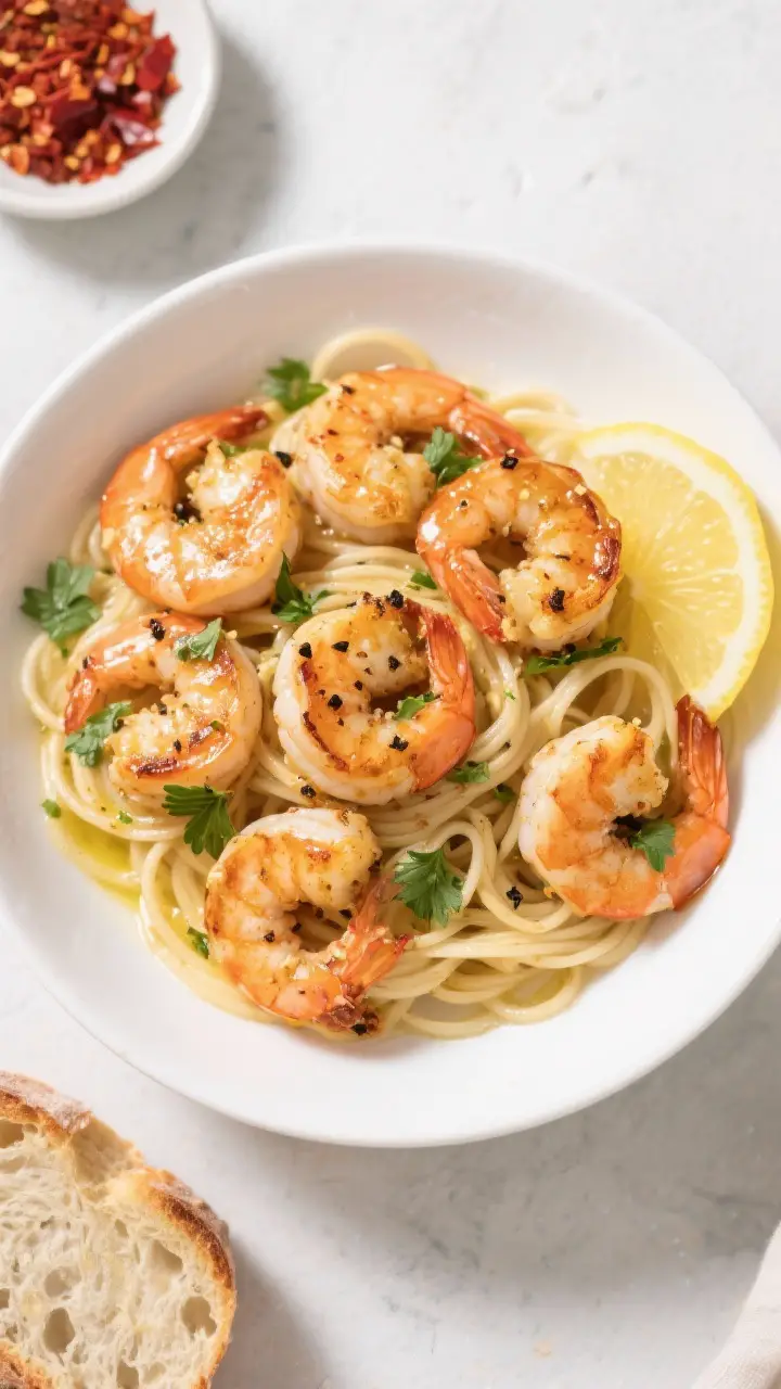 Tasty top view: Overhead shot of Lemon Garlic Baked Shrimp served over angel hair pasta in a wide wh