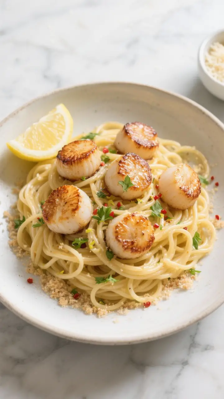 Tasty top view: Overhead shot of Lemon Garlic Scallop Pasta twirled into nests on a wide, shallow bo