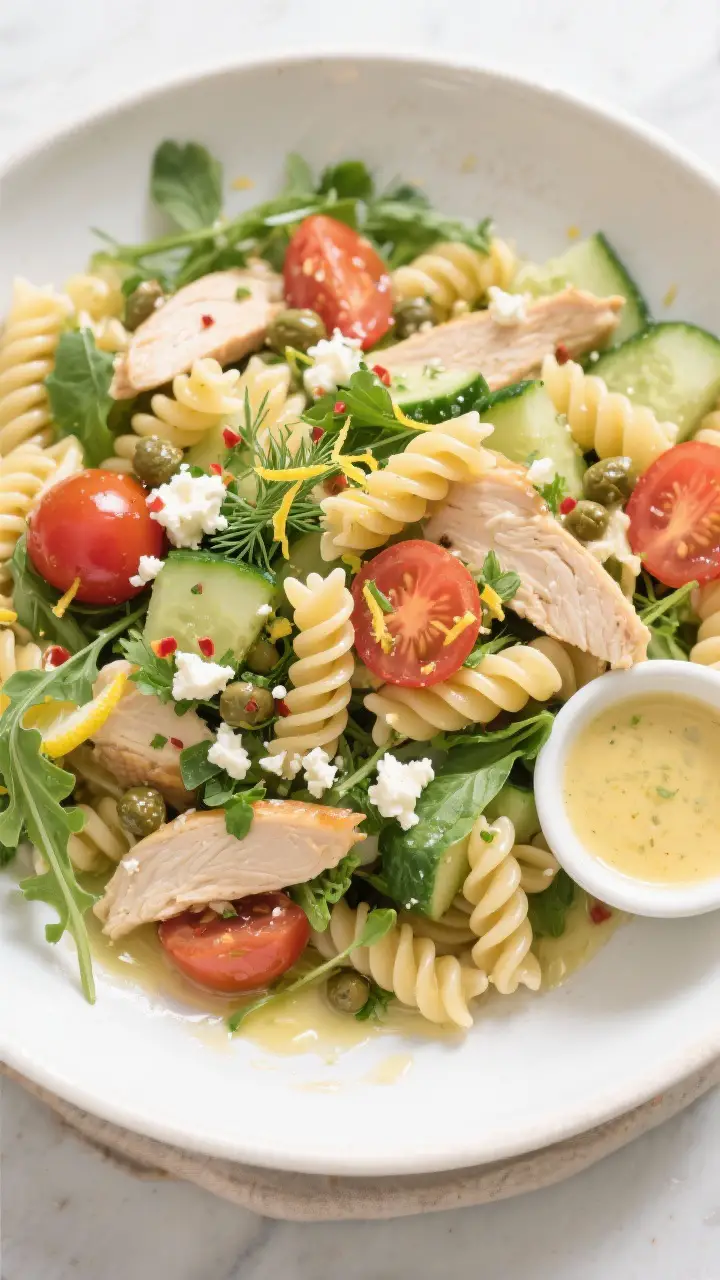 Tasty top view: Overhead shot of Lemon Herb Chicken Pasta Salad fully assembled in a large matte-whi