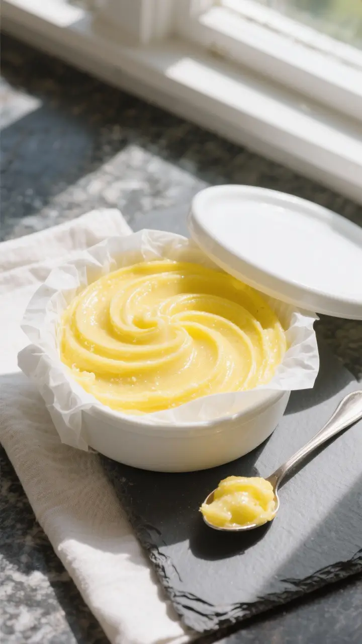 Tasty top view: Overhead shot of lemon sherbet being packed into a shallow lidded container, parchme