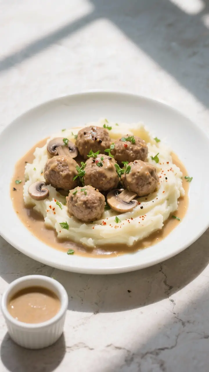 Tasty top view: Overhead shot of lighter meatballs and mushroom gravy served over creamy mashed pota