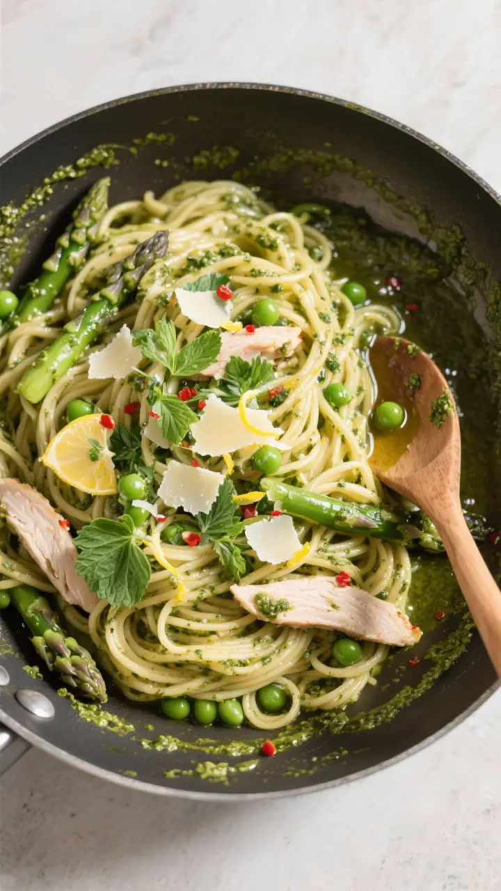 Tasty top view: Overhead shot of linguine tossed with spring herb pesto (basil, parsley, hint of min