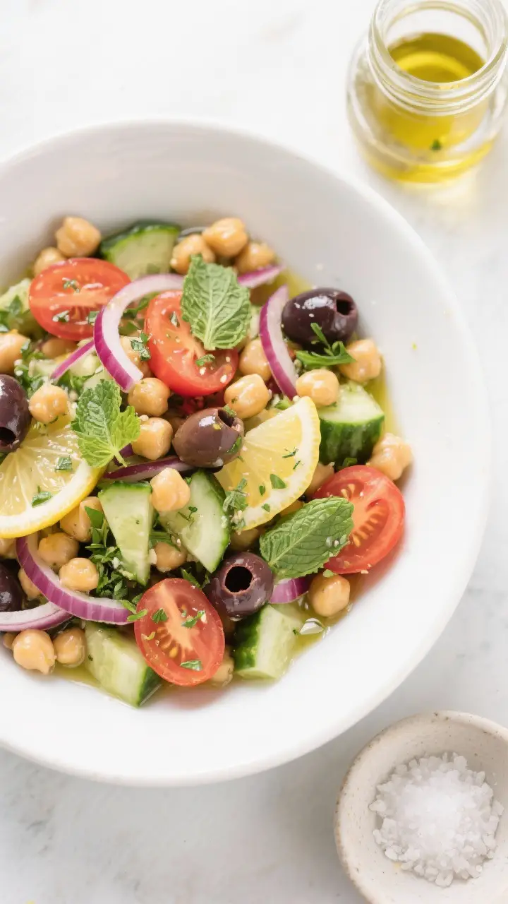 Tasty top view: Overhead shot of Mediterranean chickpea salad tossed with dressing in a wide, white 