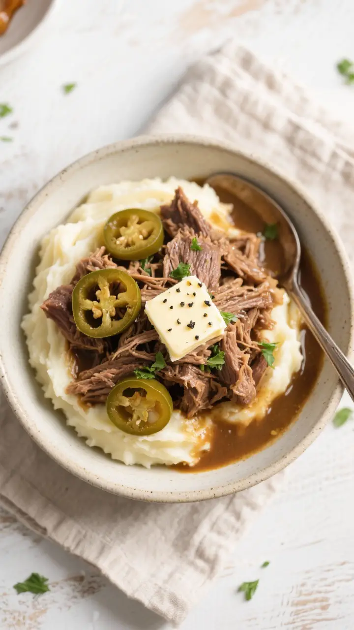 Tasty top view: Overhead shot of Mississippi Pot Roast bowl meal—shredded beef spooned over creamy