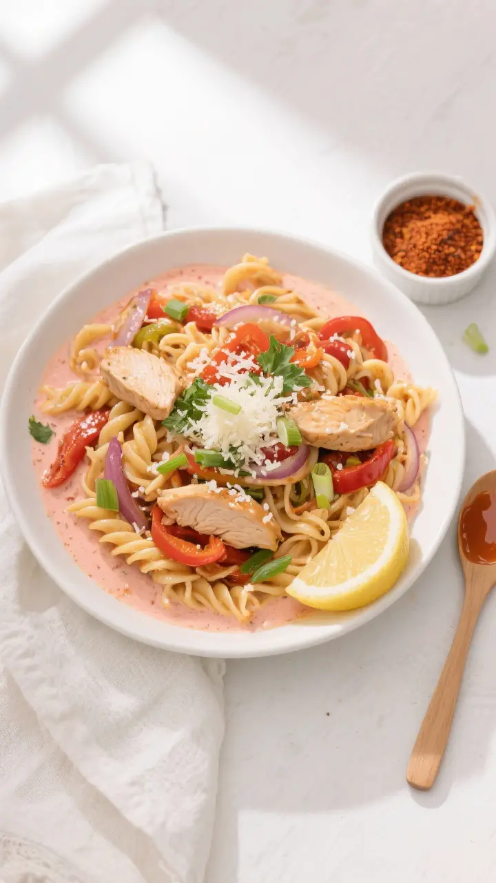 Tasty top view: Overhead shot of One Pot Cajun Pasta plated family-style in a shallow white serving